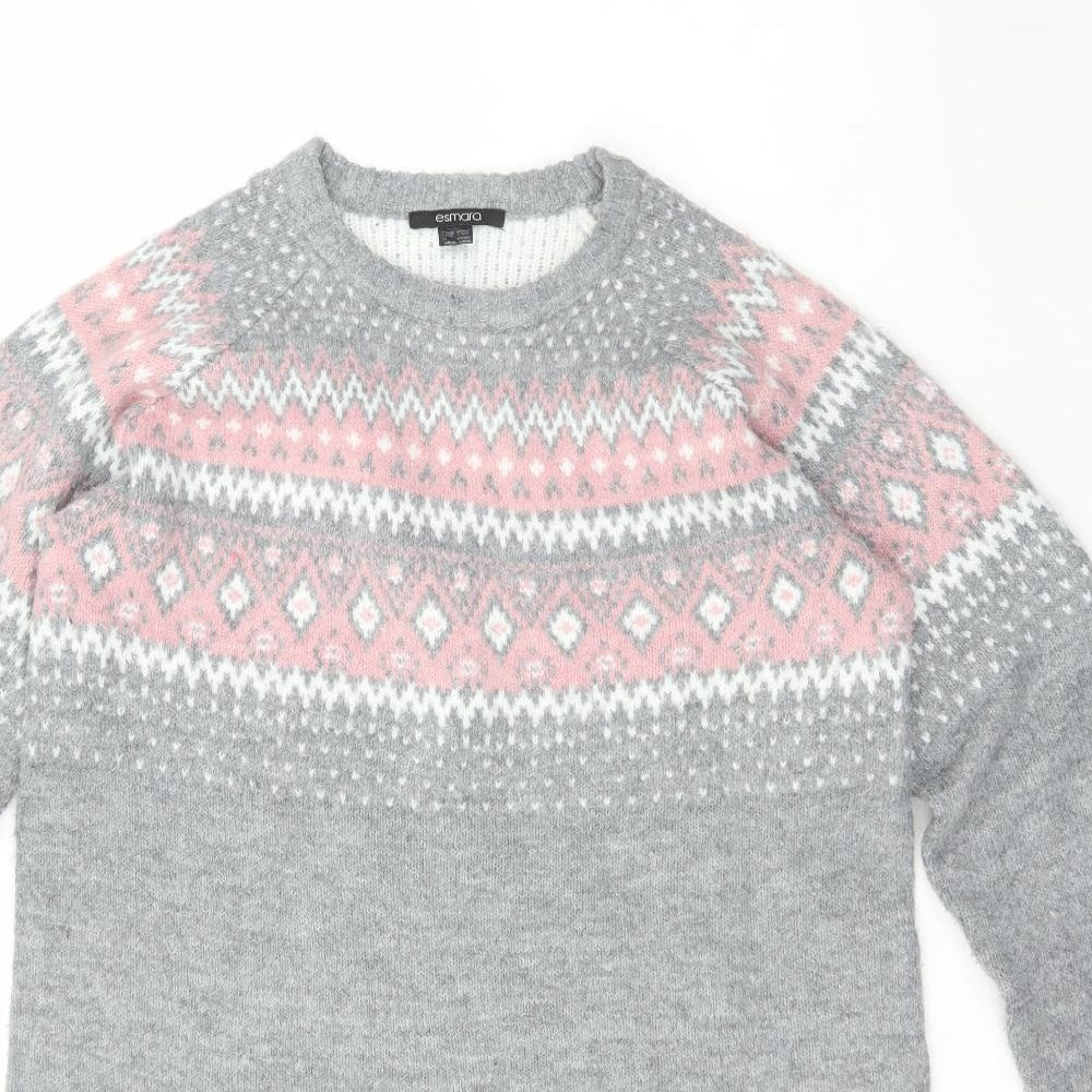 ESMARA Womens Grey Crew Neck Fair Isle Acrylic Pullover Jumper Size 16