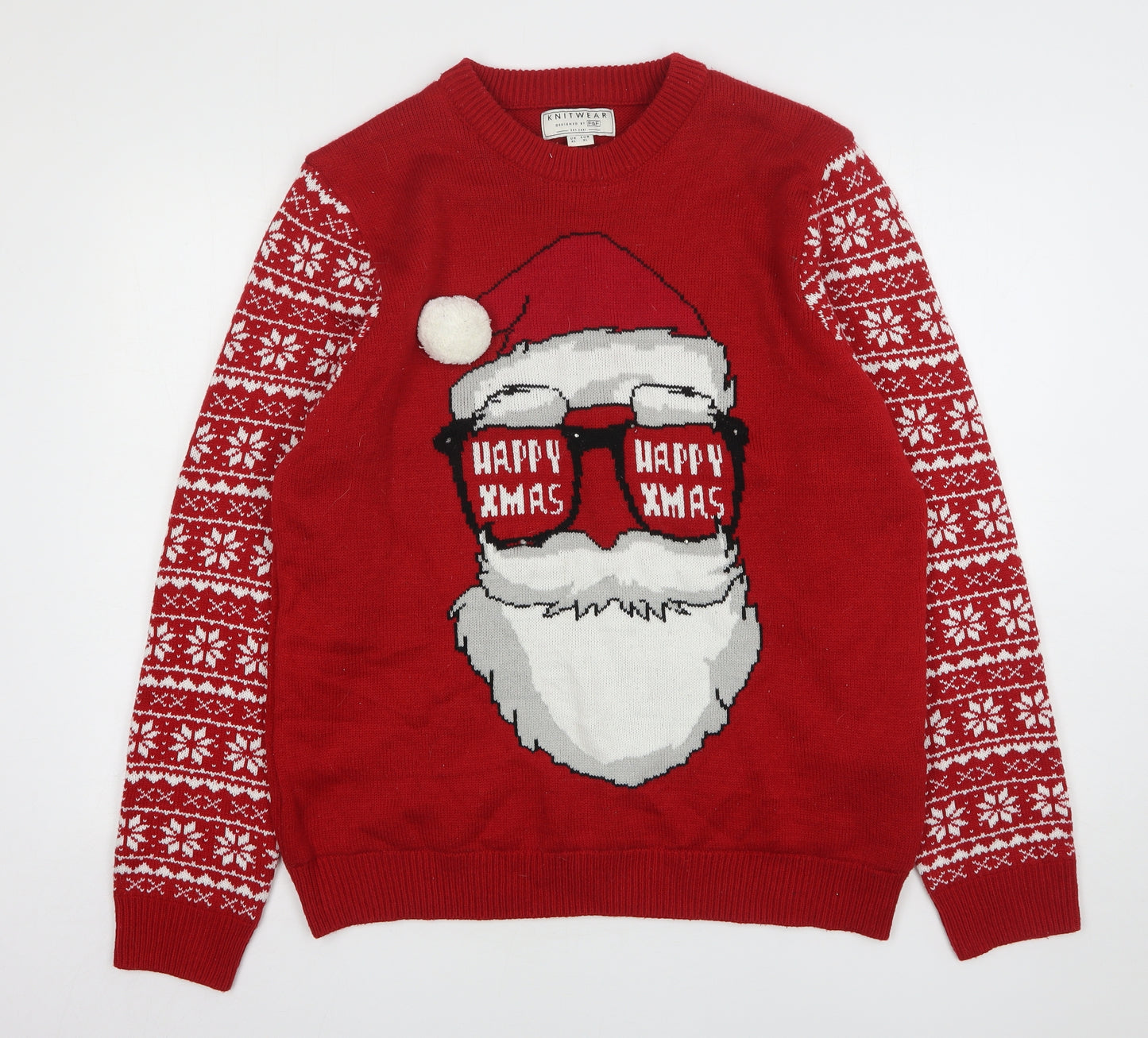 F&F Mens Red Round Neck Fair Isle Acrylic Pullover Jumper Size XL   - Christmas