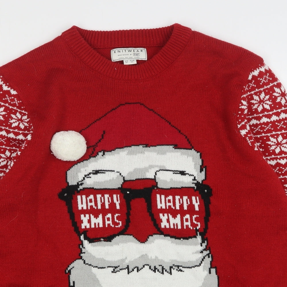 F&F Mens Red Round Neck Fair Isle Acrylic Pullover Jumper Size XL   - Christmas