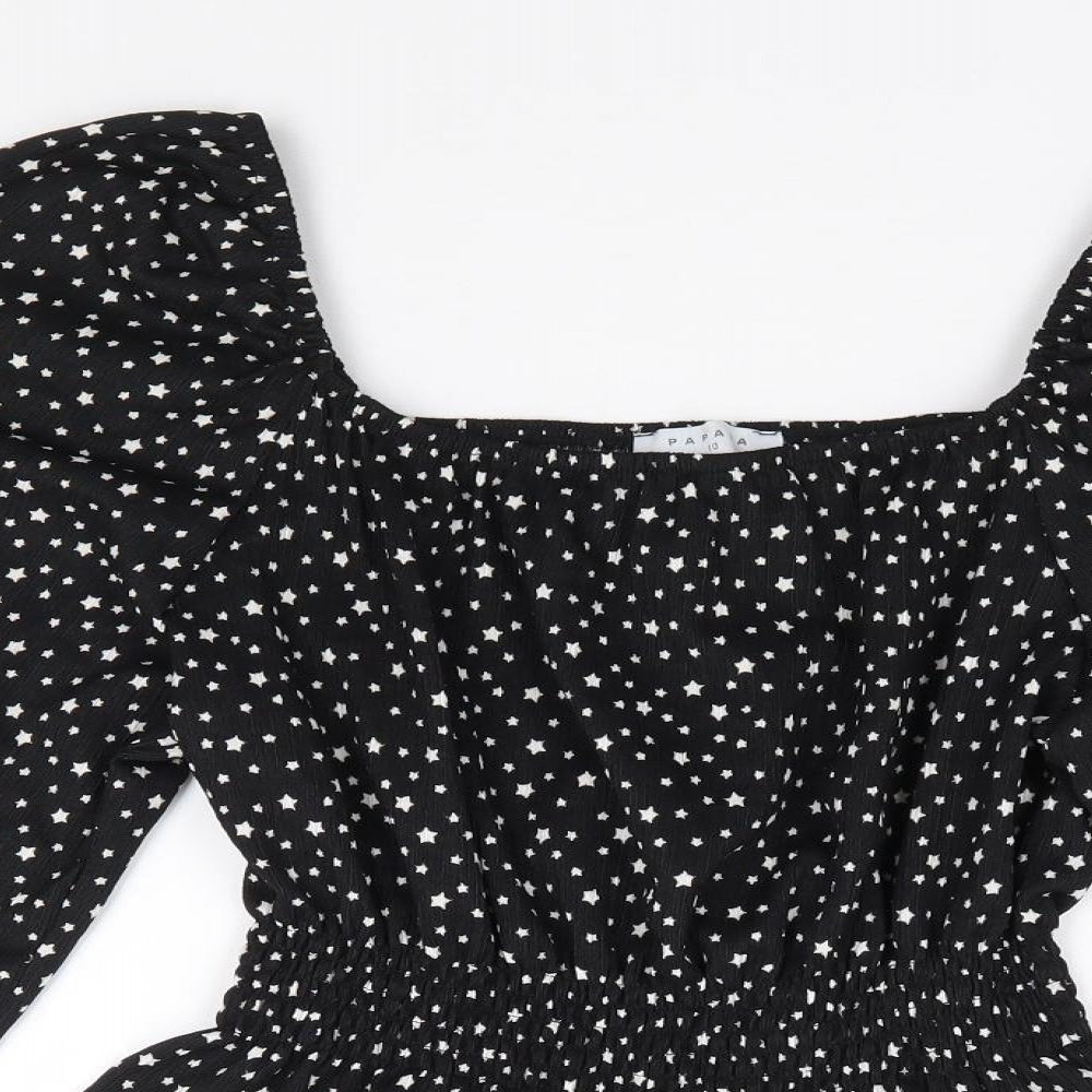 Papaya Womens Black Geometric Polyester Jersey Blouse Size 10 Square Neck - Star