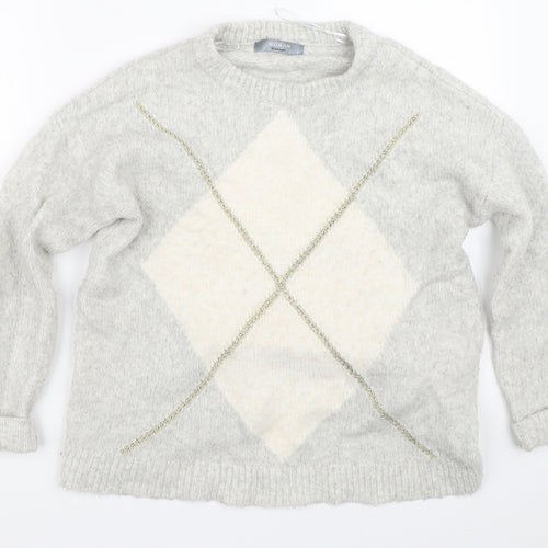 El Corte Inglés Womens White Crew Neck Argyle/Diamond Acrylic Pullover Jumper Size S
