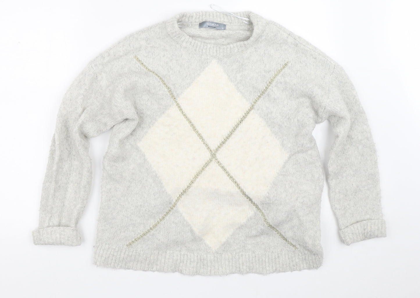 El Corte Inglés Womens White Crew Neck Argyle/Diamond Acrylic Pullover Jumper Size S