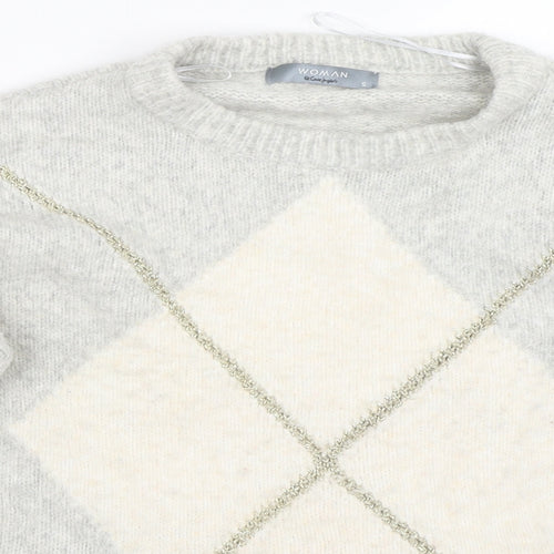 El Corte Inglés Womens White Crew Neck Argyle/Diamond Acrylic Pullover Jumper Size S
