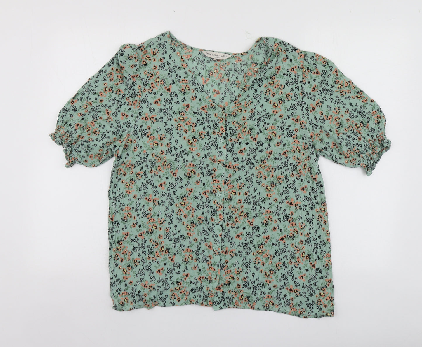 F&F Womens Green Floral Viscose Basic Button-Up Size 16 Round Neck