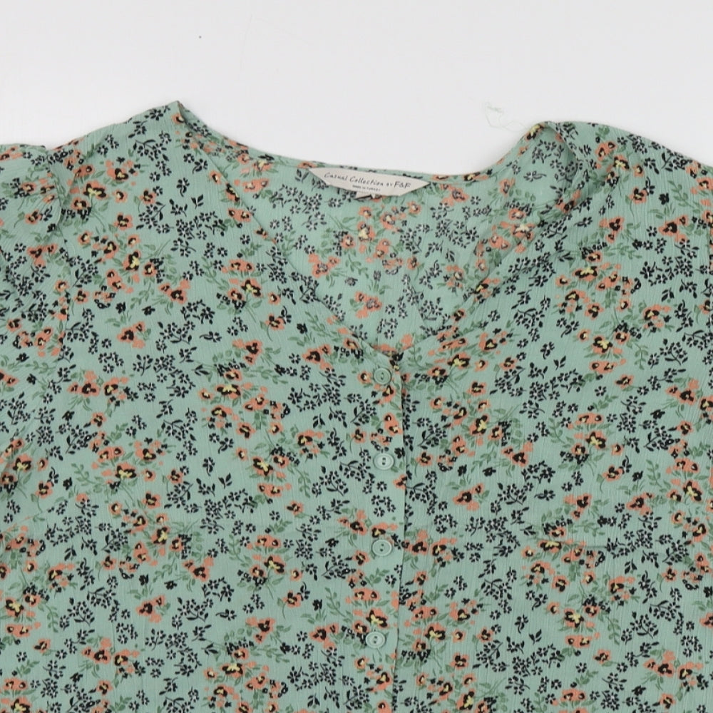 F&F Womens Green Floral Viscose Basic Button-Up Size 16 Round Neck