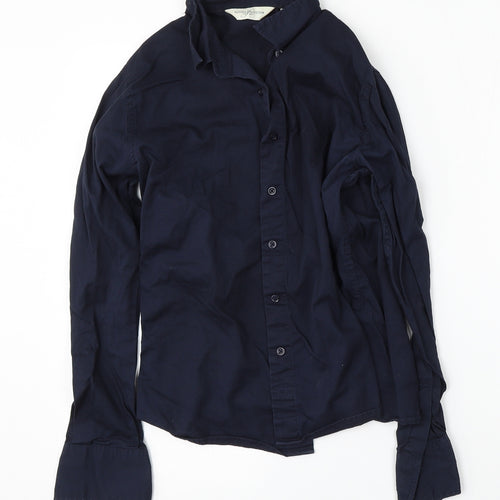 Russell Womens Blue  Cotton Basic Button-Up Size S Collared
