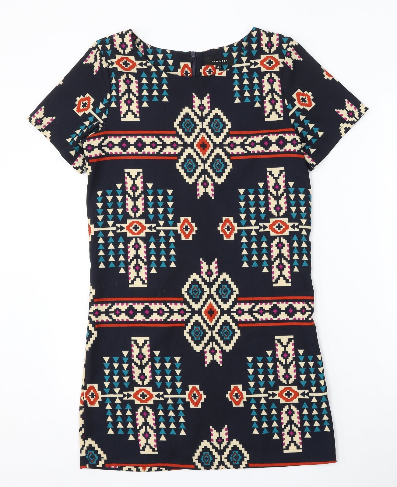 New Look Womens Blue Geometric Polyester Pencil Dress  Size 8  Round Neck