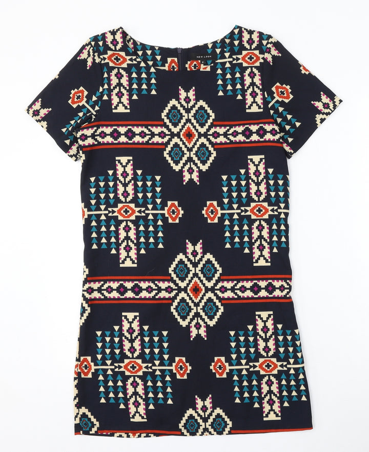 New Look Womens Blue Geometric Polyester Pencil Dress  Size 8  Round Neck