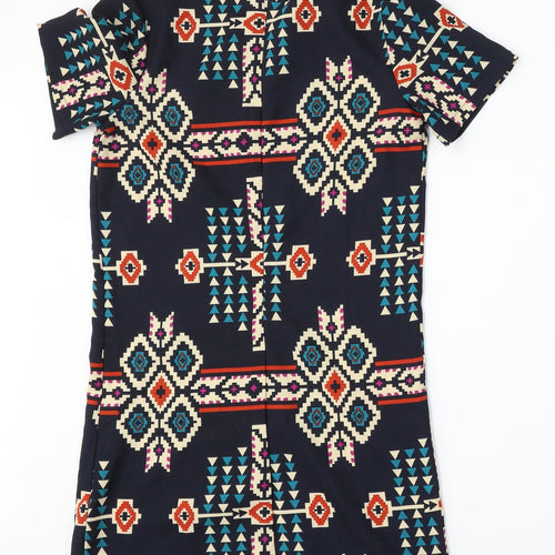 New Look Womens Blue Geometric Polyester Pencil Dress  Size 8  Round Neck