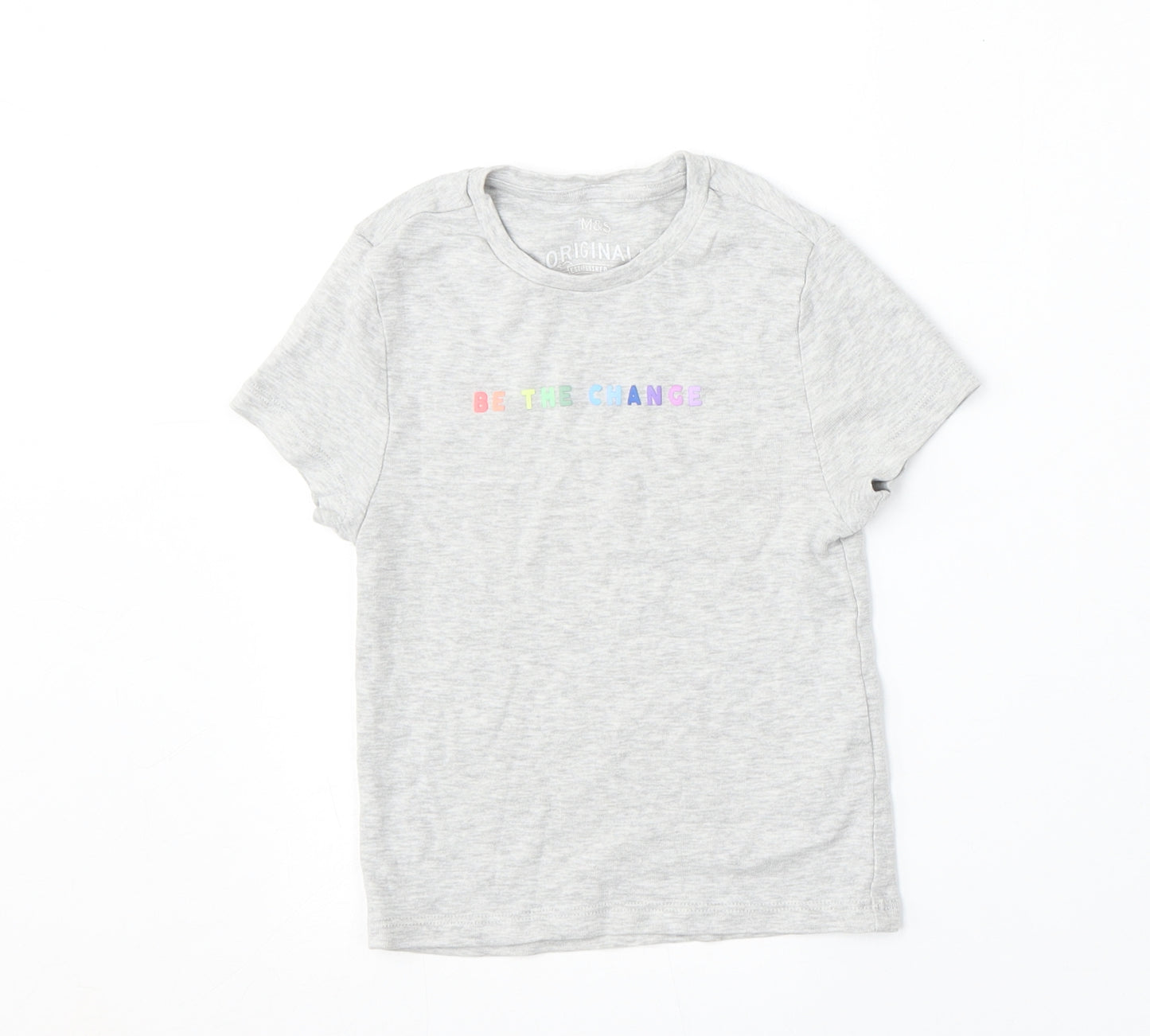 Marks and Spencer Girls Grey  Cotton Basic T-Shirt Size 7-8 Years Round Neck