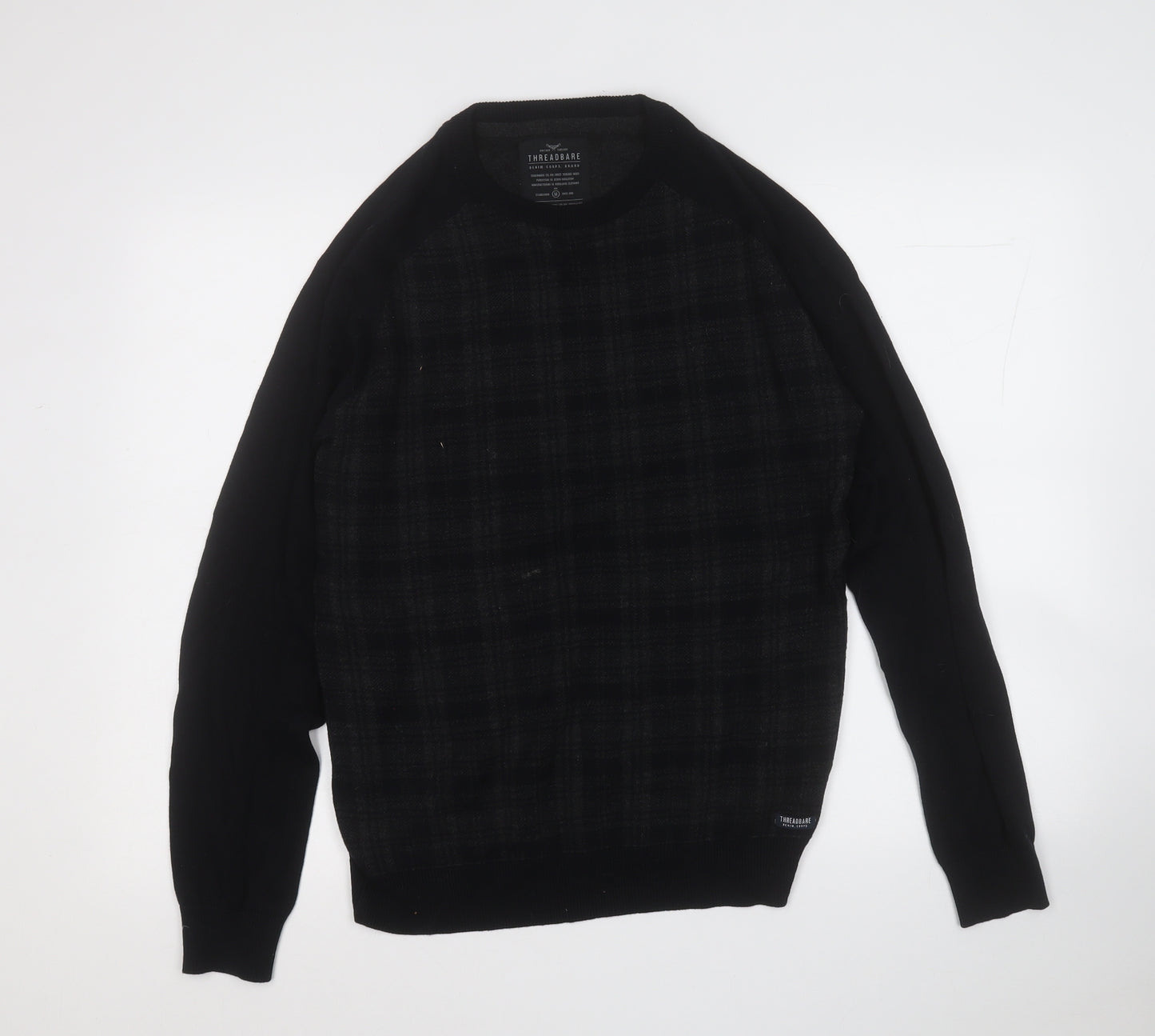 Threadbare Mens Black Round Neck Geometric Cotton Pullover Jumper Size M