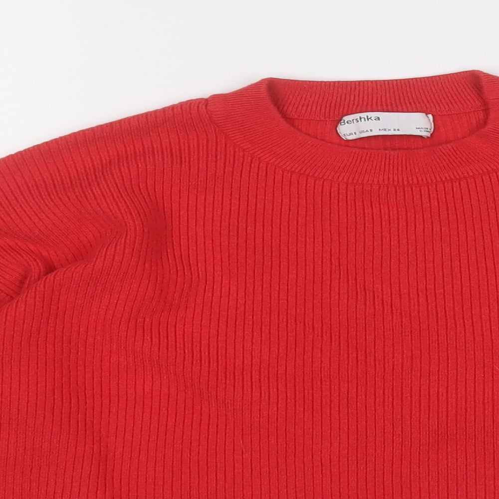 Bershka Womens Red Round Neck  Viscose Pullover Jumper Size S