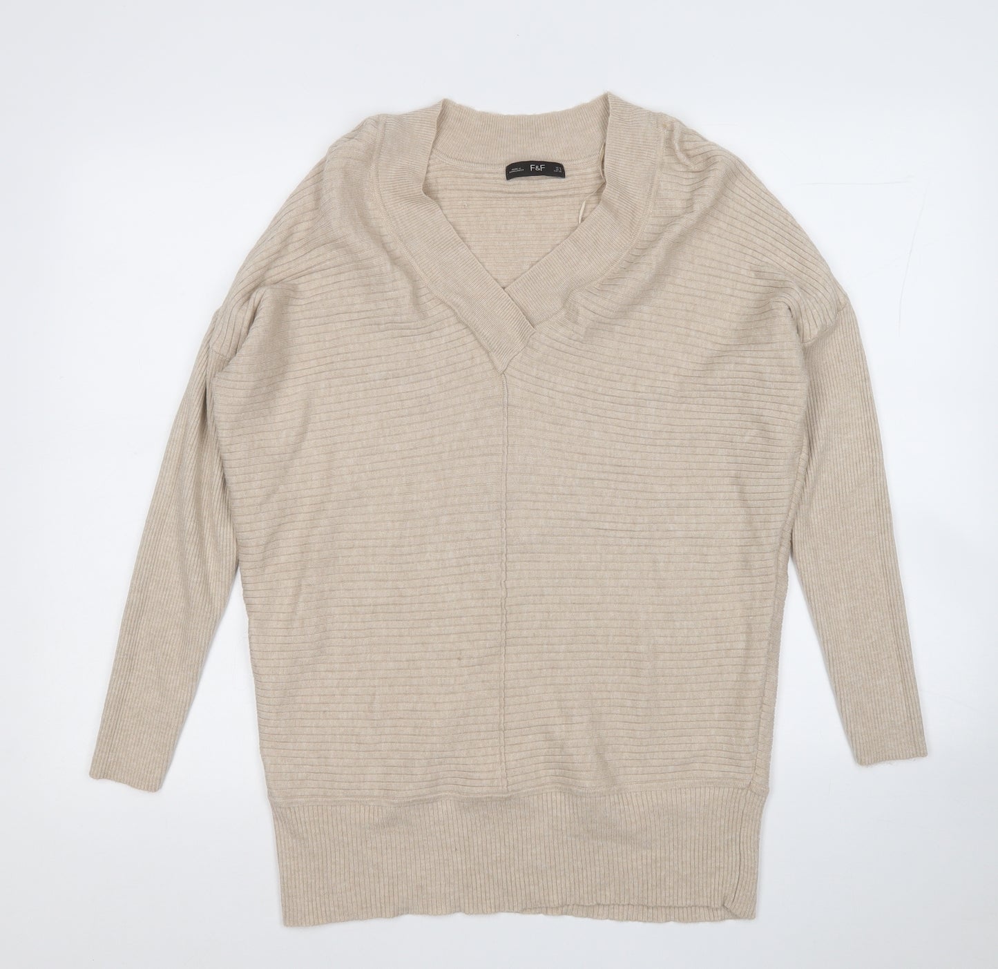 F&F Womens Beige V-Neck  Viscose Pullover Jumper Size 10