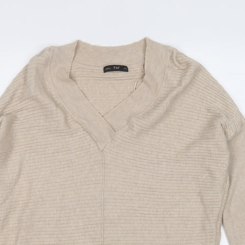 F&F Womens Beige V-Neck  Viscose Pullover Jumper Size 10