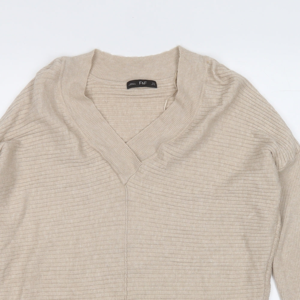 F&F Womens Beige V-Neck  Viscose Pullover Jumper Size 10