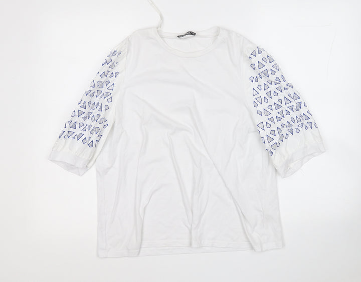 Gallery Womens White Geometric Cotton Basic Polo Size M Round Neck