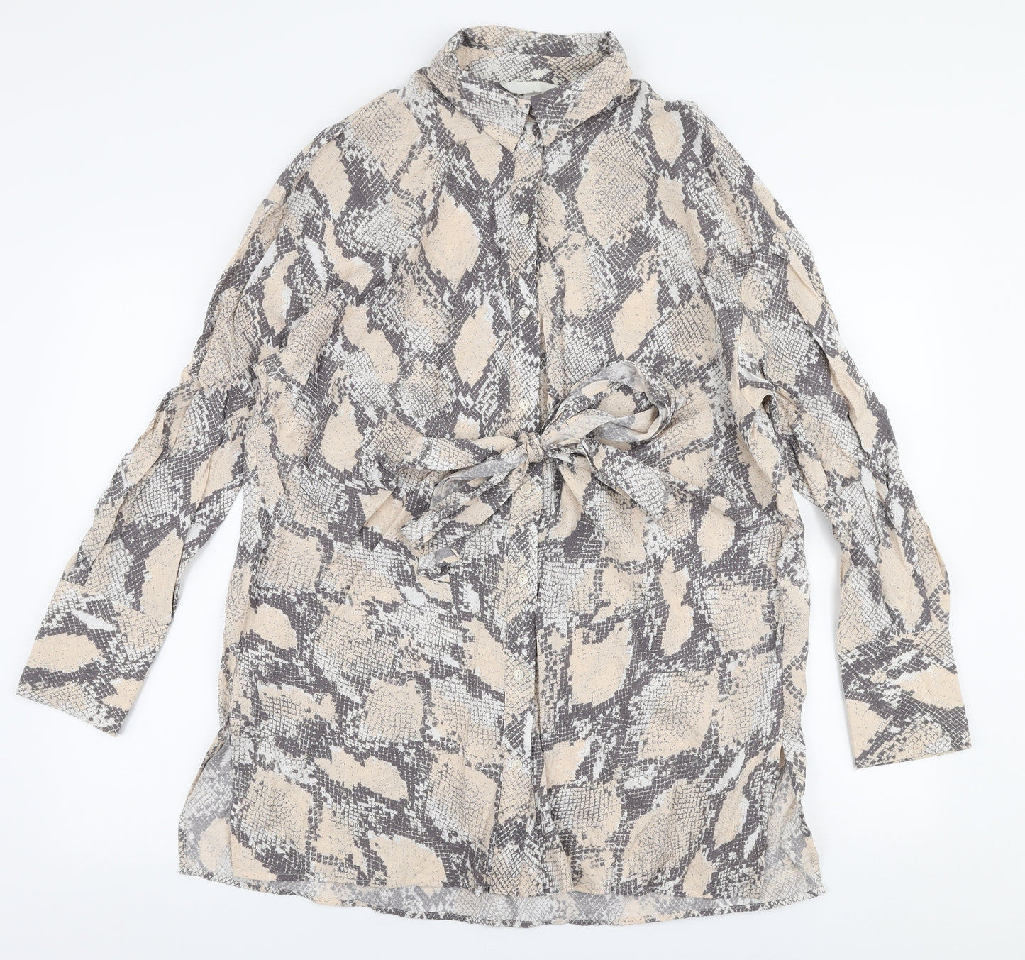 H&M Womens Beige Animal Print Viscose Basic Blouse Size S Collared