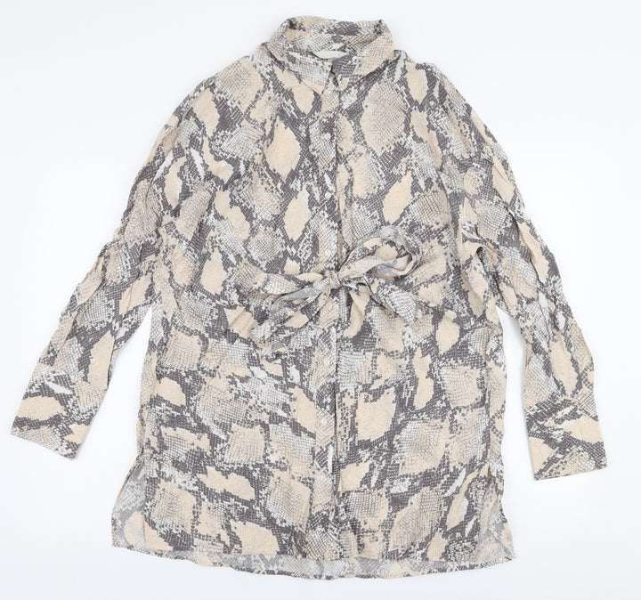 H&M Womens Beige Animal Print Viscose Basic Blouse Size S Collared