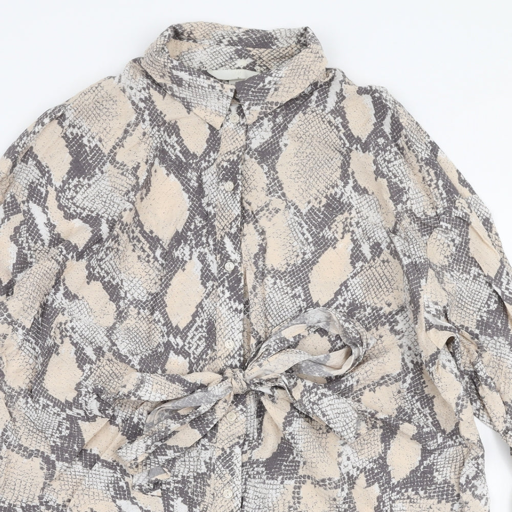 H&M Womens Beige Animal Print Viscose Basic Blouse Size S Collared
