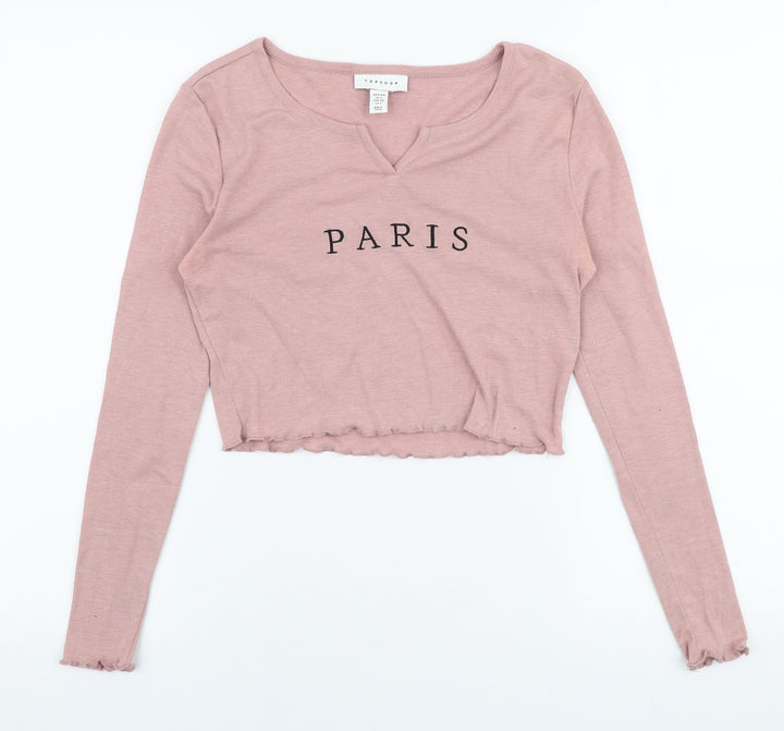 Topshop Womens Pink Polyester Cropped T-Shirt Size 6 Round Neck - Paris