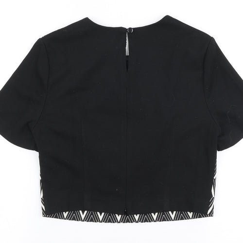 Miss Selfridge Womens Black Geometric Polyester Cropped Blouse Size 6 Round Neck