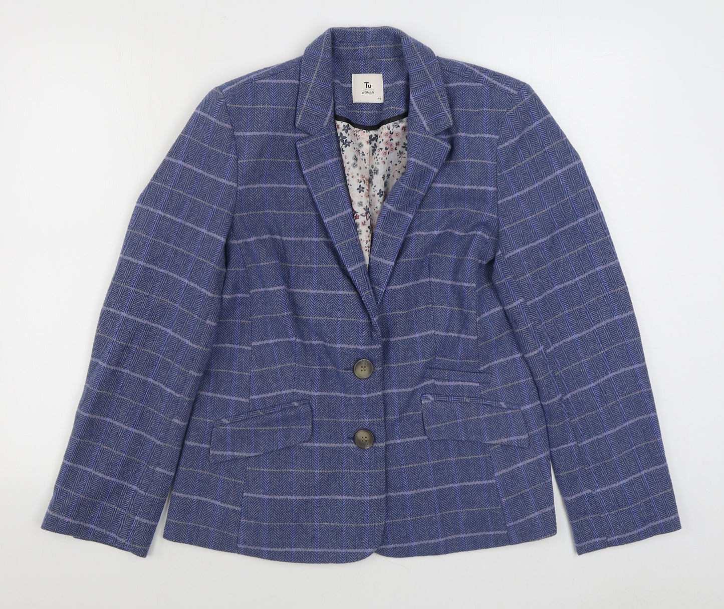 TU Womens Blue Plaid  Jacket Blazer Size 12  Button