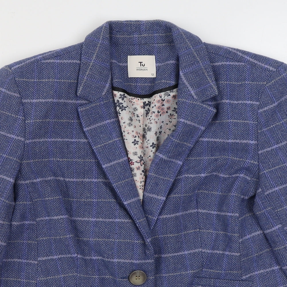 TU Womens Blue Plaid  Jacket Blazer Size 12  Button