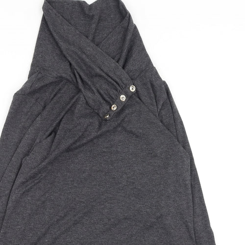 Fashion Womens Grey  Cotton Basic Blouse Size L High Neck
