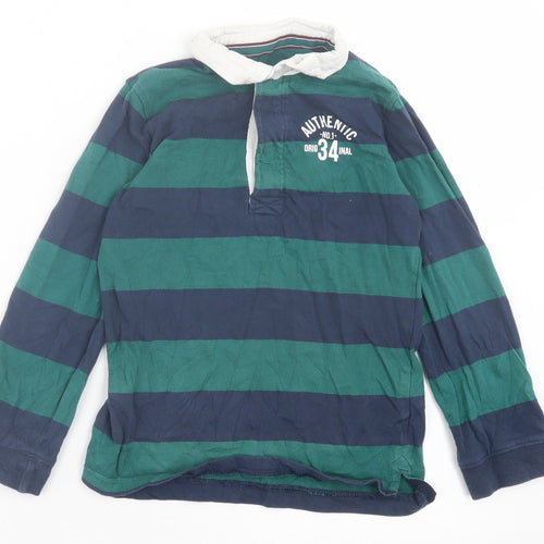 Mothercare Boys Green Striped Cotton Basic Polo Size 8 Years Collared Button