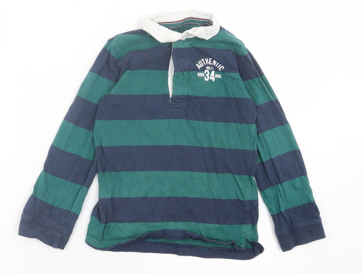Mothercare Boys Green Striped Cotton Basic Polo Size 8 Years Collared Button