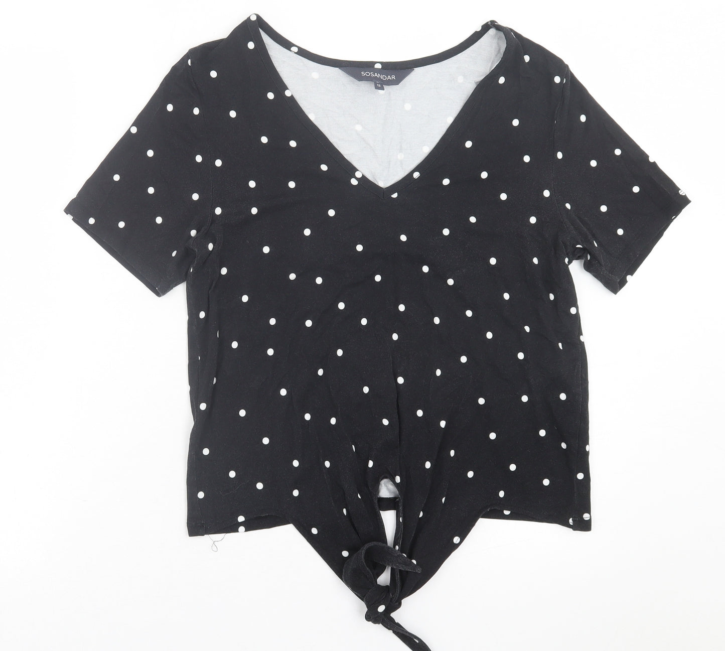 SOSANDAR Womens Black Polka Dot Viscose Basic T-Shirt Size 12 V-Neck