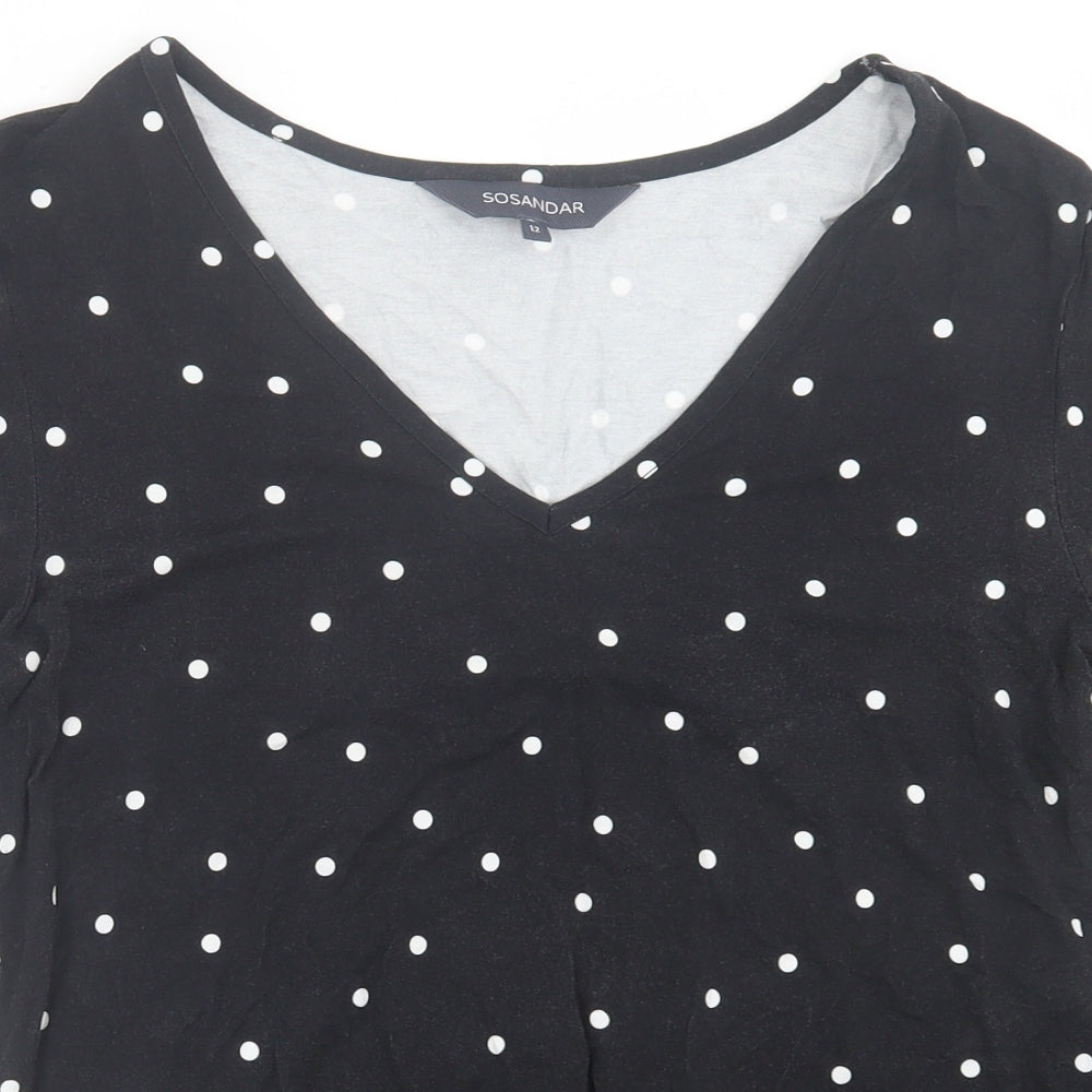 SOSANDAR Womens Black Polka Dot Viscose Basic T-Shirt Size 12 V-Neck