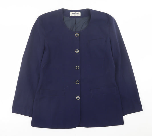 Front view of Simply French women’s blue jacket blazer, size UK 12, button