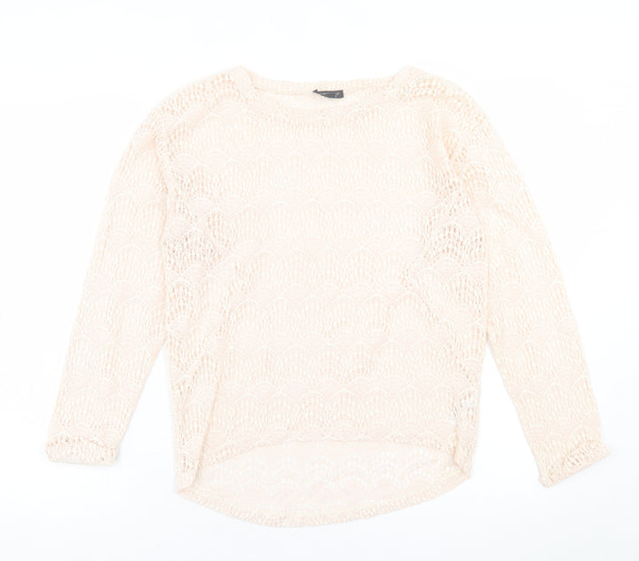Topshop Womens Ivory Geometric Cotton Basic T-Shirt Size 10 Crew Neck
