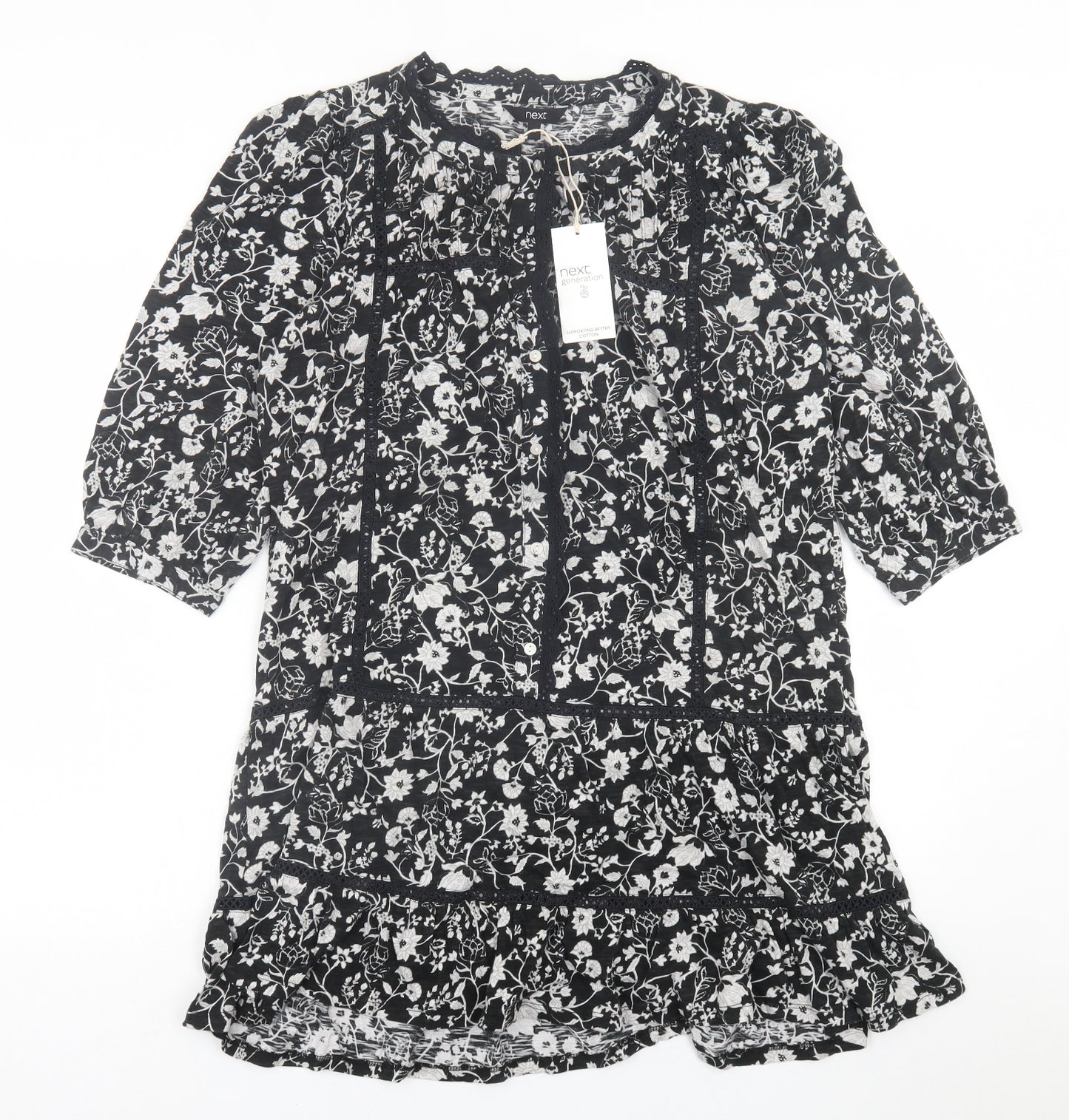 NEXT Womens Black Floral Cotton A-Line  Size 12  Crew Neck Button