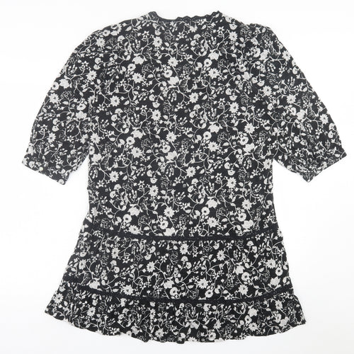NEXT Womens Black Floral Cotton A-Line  Size 12  Crew Neck Button
