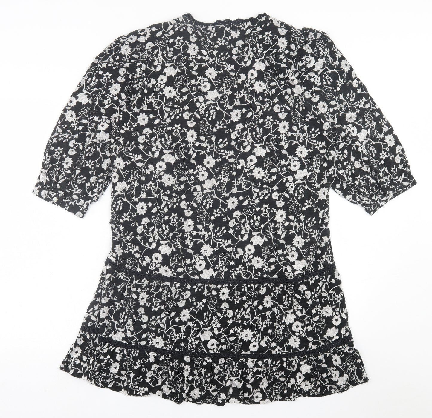 NEXT Womens Black Floral Cotton A-Line  Size 12  Crew Neck Button