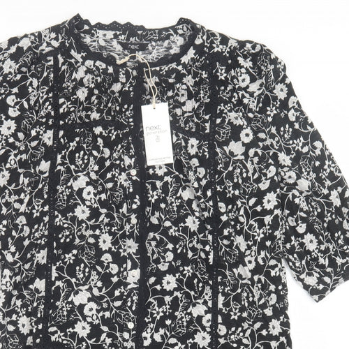 NEXT Womens Black Floral Cotton A-Line  Size 12  Crew Neck Button