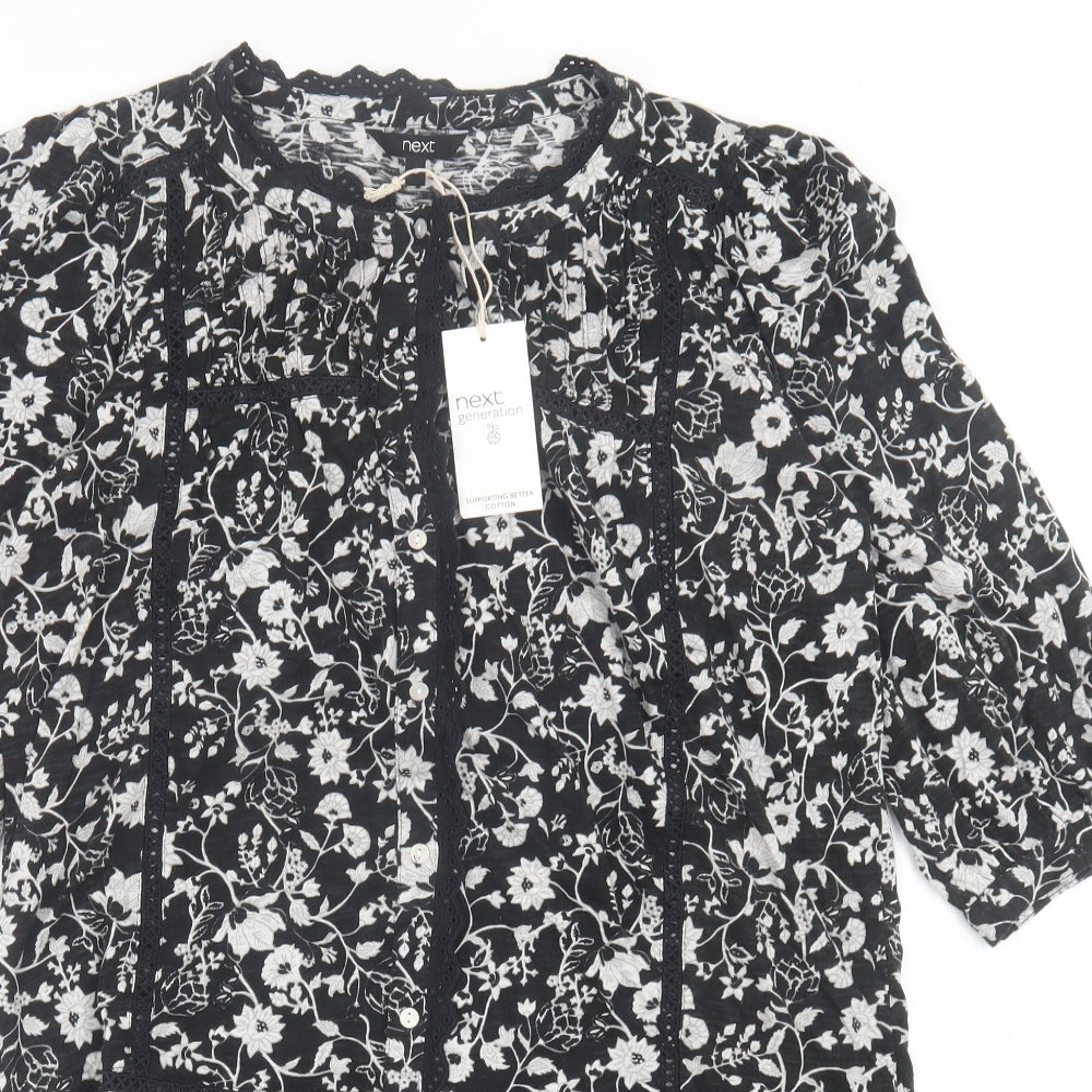NEXT Womens Black Floral Cotton A-Line  Size 12  Crew Neck Button