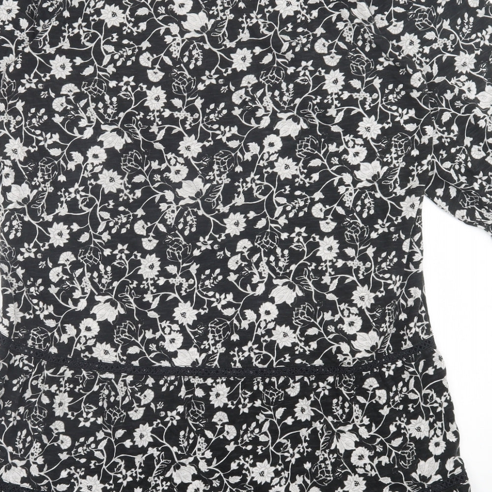 NEXT Womens Black Floral Cotton A-Line  Size 12  Crew Neck Button
