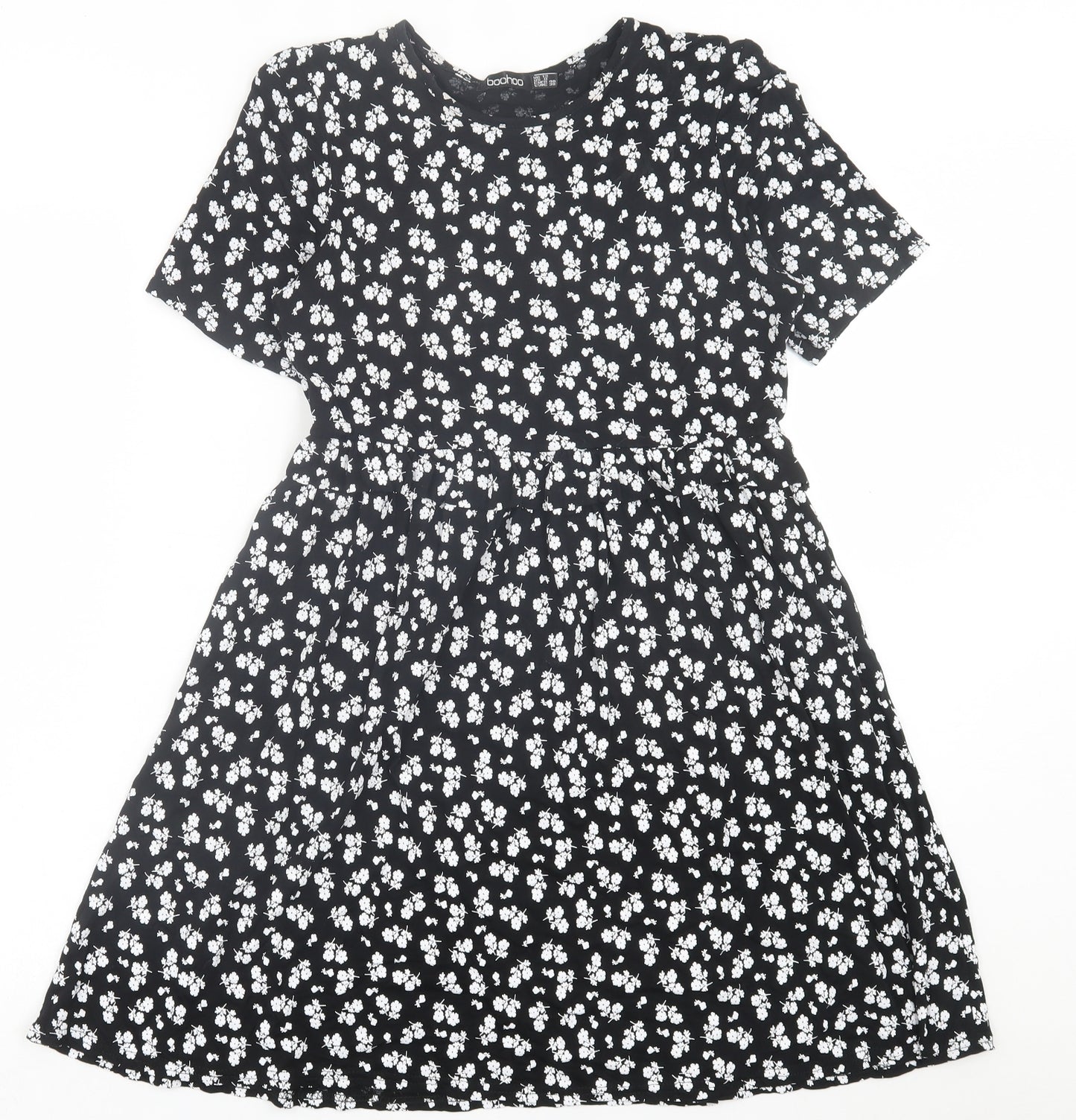 Boohoo Womens Black Floral Viscose Fit & Flare  Size 12  Crew Neck Pullover