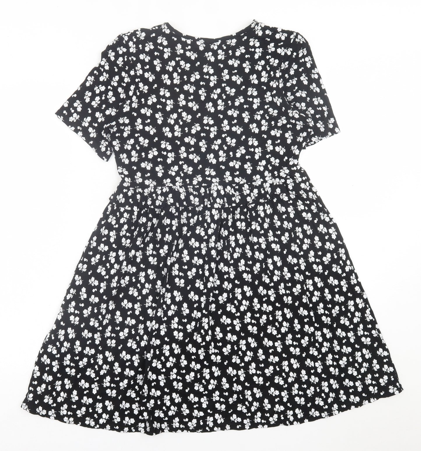 Boohoo Womens Black Floral Viscose Fit & Flare  Size 12  Crew Neck Pullover