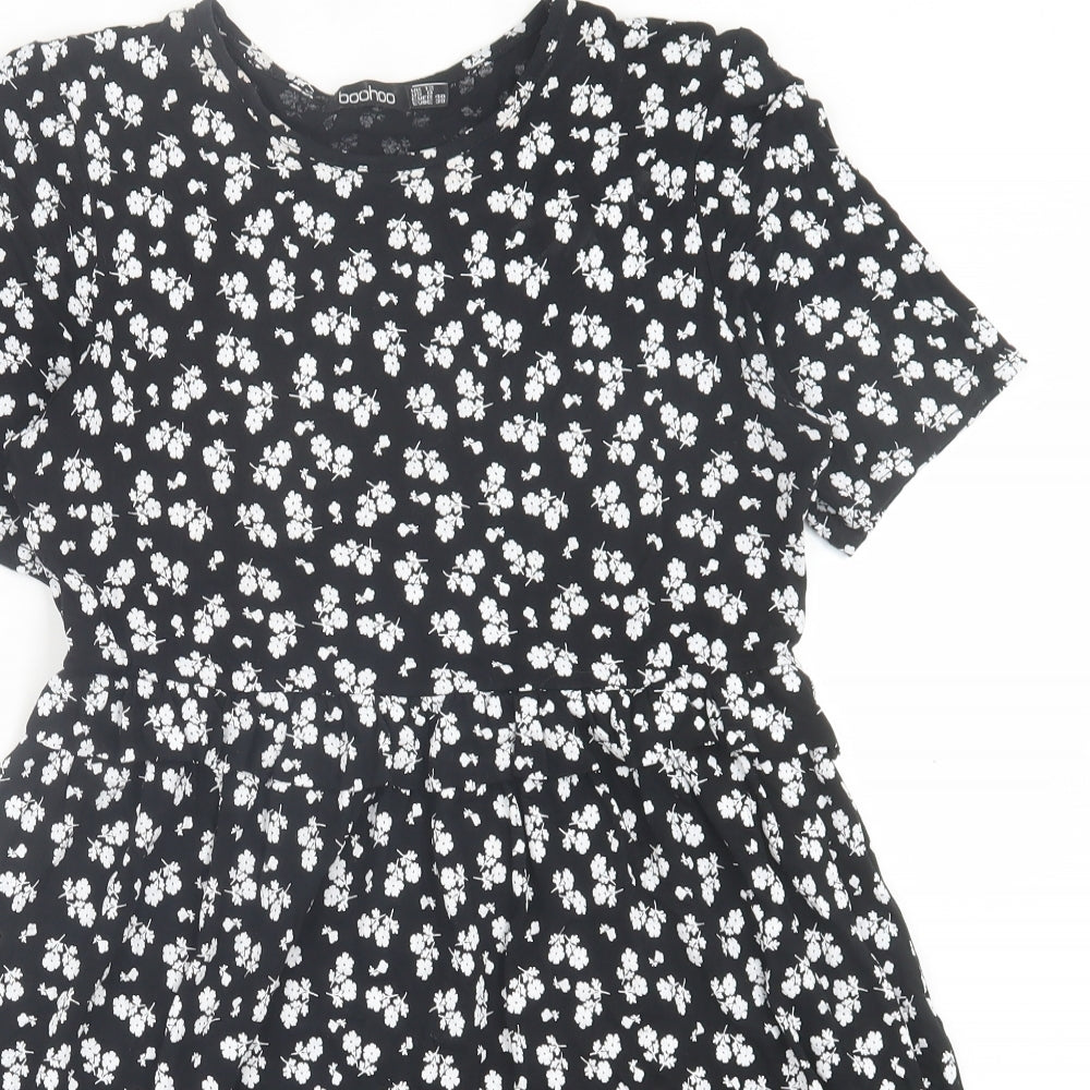 Boohoo Womens Black Floral Viscose Fit & Flare  Size 12  Crew Neck Pullover