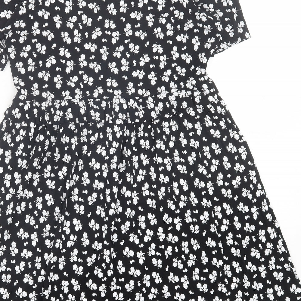 Boohoo Womens Black Floral Viscose Fit & Flare  Size 12  Crew Neck Pullover