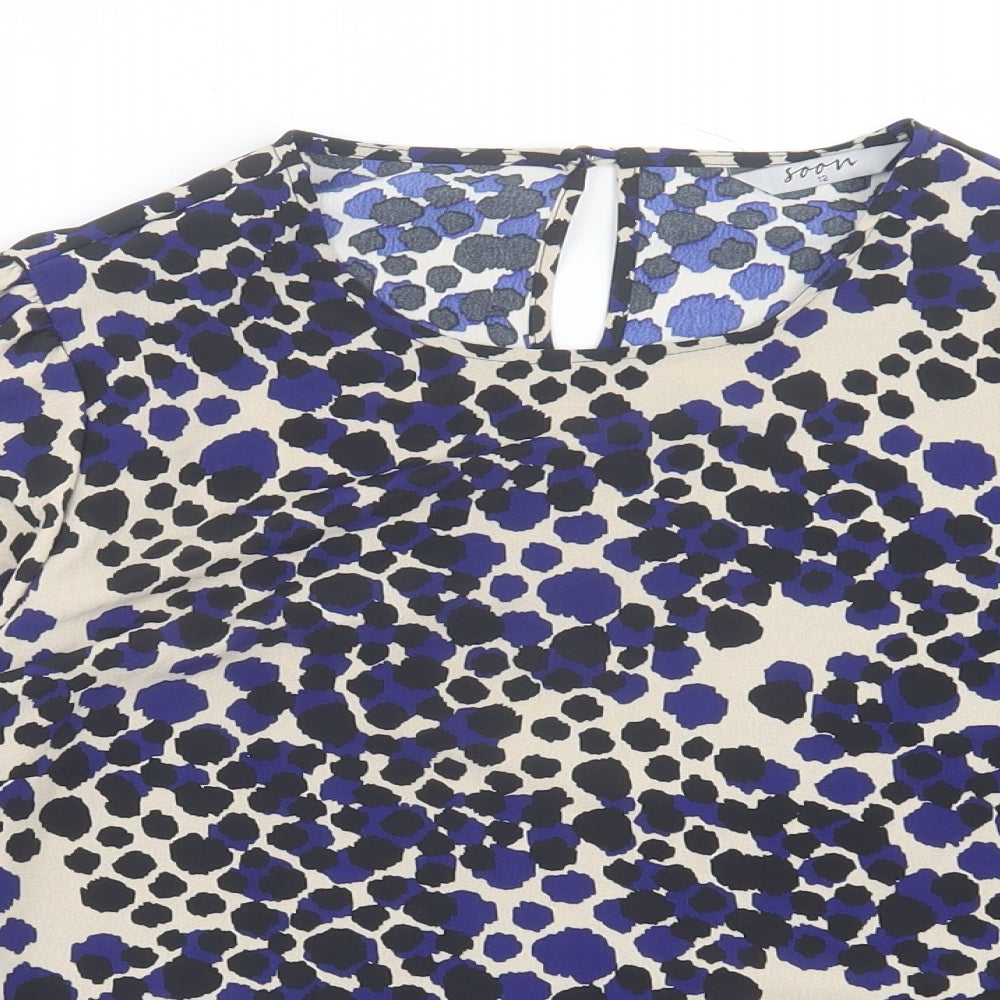 Soon Womens Blue Animal Print Polyester Basic Blouse Size 12 Crew Neck