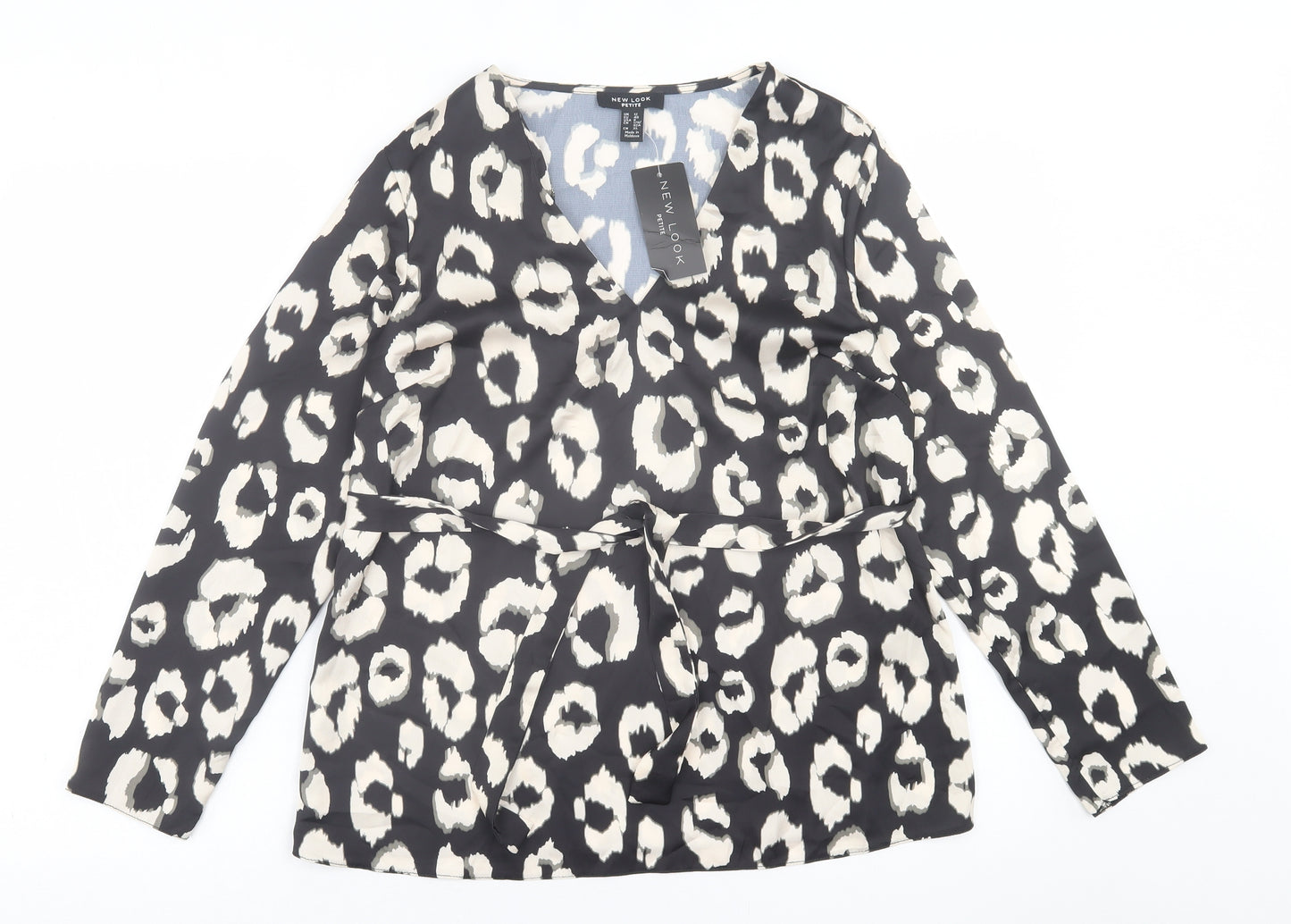 New Look Womens Black Animal Print Polyester Basic Blouse Size 12 V-Neck