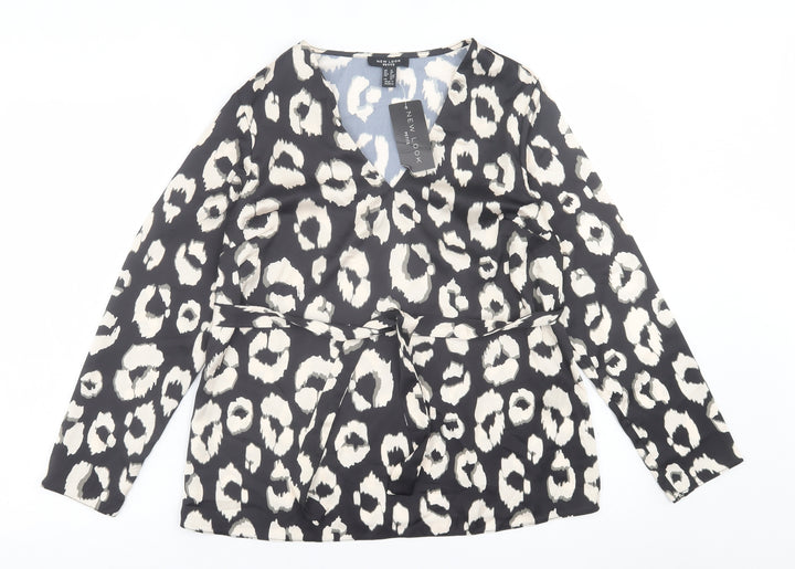 New Look Womens Black Animal Print Polyester Basic Blouse Size 12 V-Neck