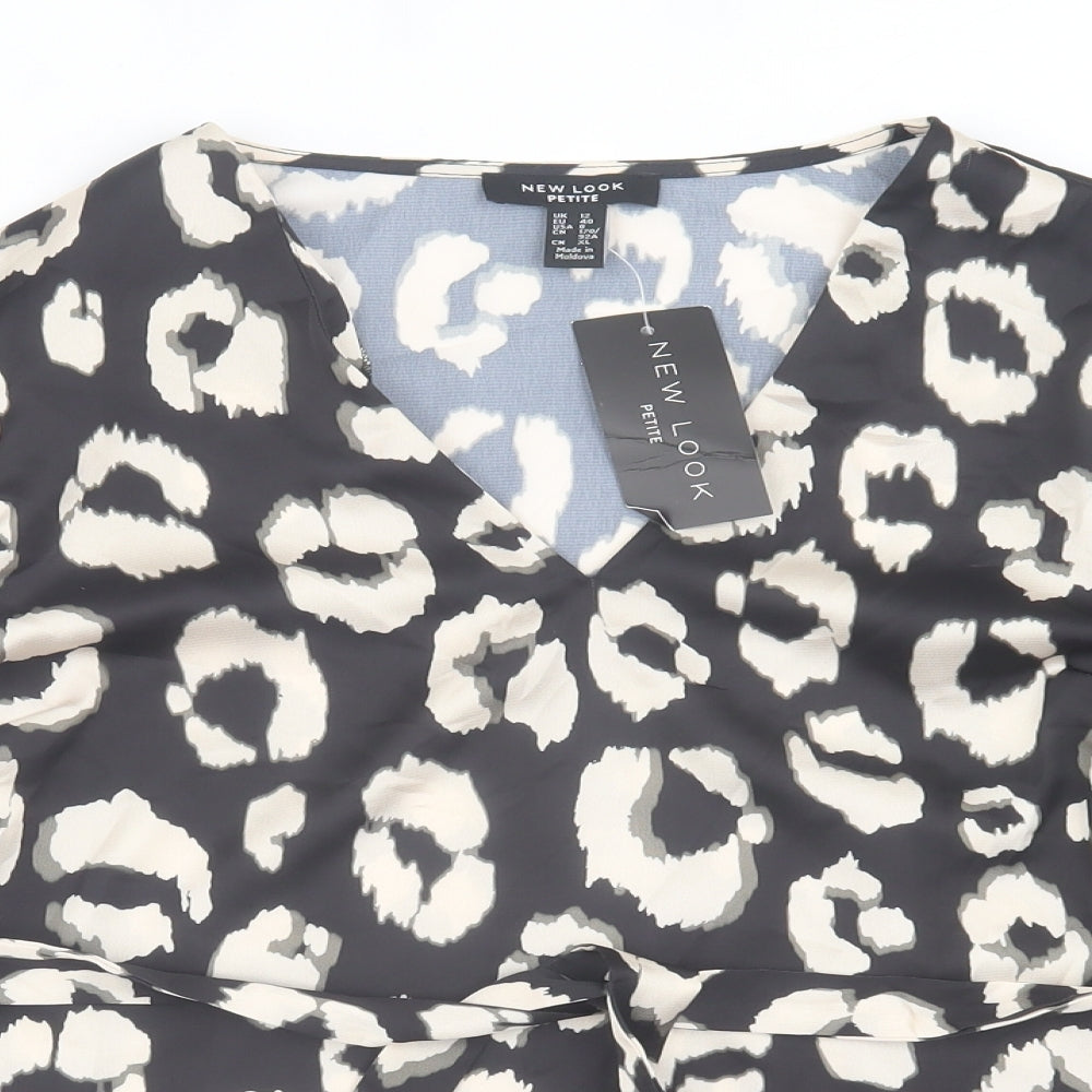 New Look Womens Black Animal Print Polyester Basic Blouse Size 12 V-Neck