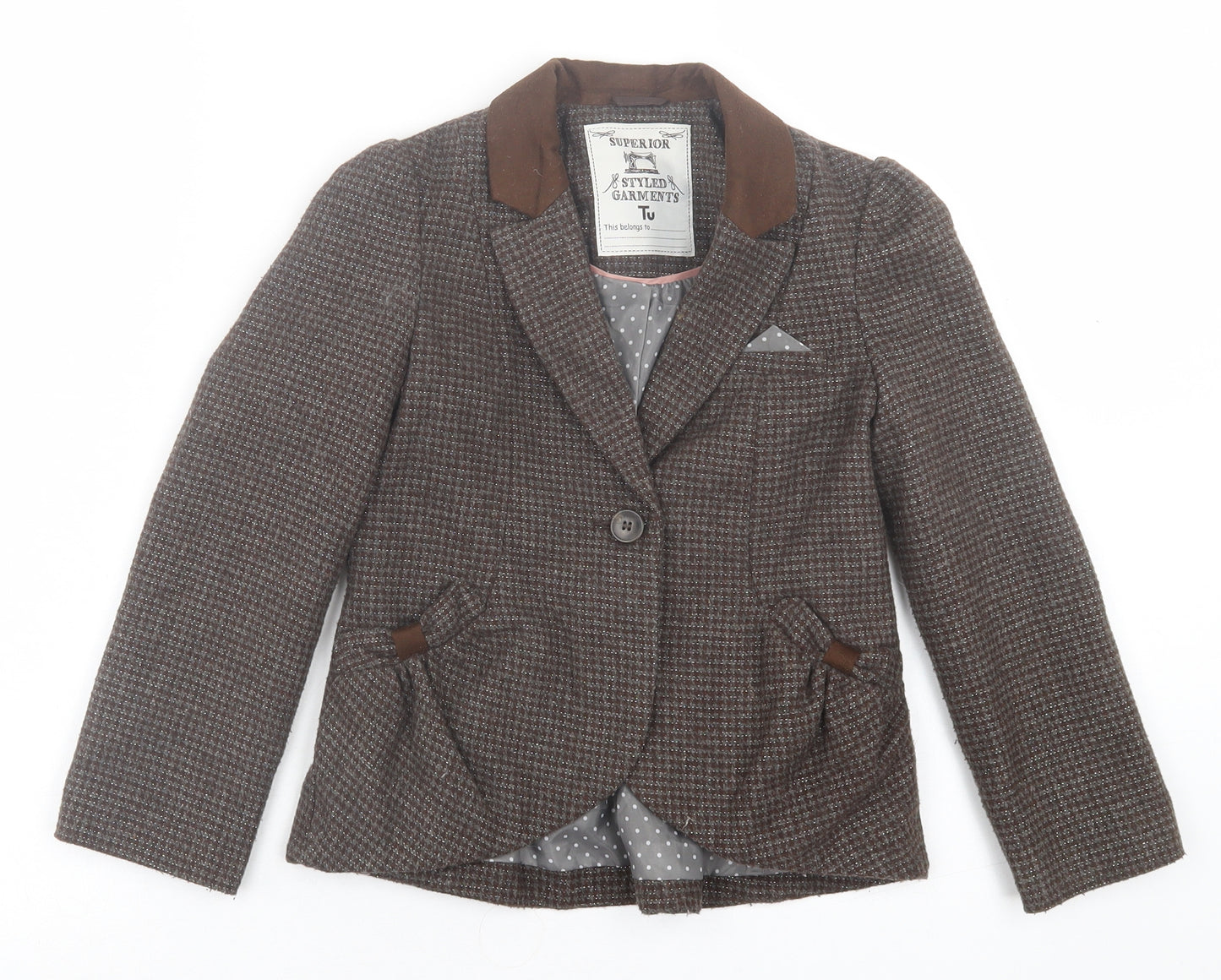 TU Girls Brown Plaid  Jacket Blazer Size 7 Years  Button