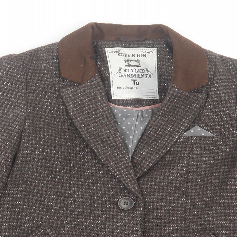 TU Girls Brown Plaid  Jacket Blazer Size 7 Years  Button